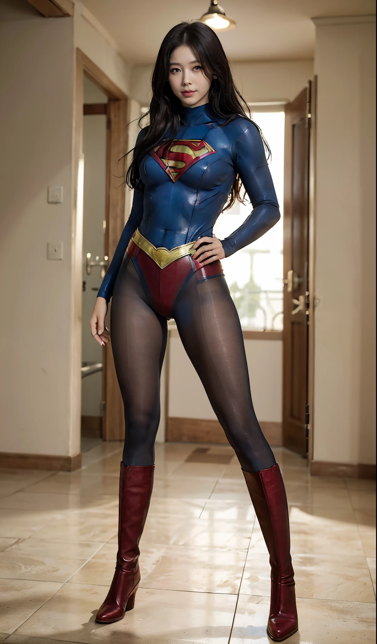 No background、(((Beautiful legs in black tights.)))、(((Legally express the beauty of your smile)))、((((Make the most of your original images)))、(((Supergirl Costume)))、(((Beautiful Hair)))、(((suffering)))、(((Please wear black tights....、Wear red boots)))、((Best image quality、8k))、((highest quality、8k、masterpiece:1.3))、(((Preserve background )))、Sharp focus:1.2、Beautiful woman with perfect figure:1.4、Slim Abs:1.2、Wet body:1.5、Highly detailed face and skin texture、8k