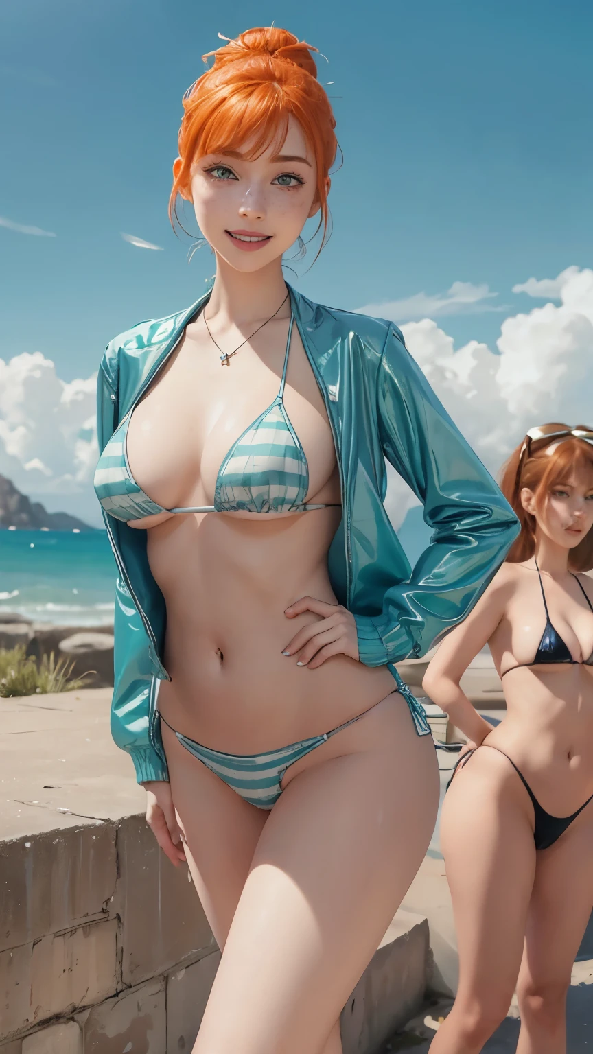 One girl, Orange hair tied up, Green Eyes, smile, the presence of freckles on the cheeks, Thin eyebrows, White necklace with ribbon, Teal jacket, Pale skin, Are standing, comics, (Pixar:1.2), Lucy Wilde, Long Nose, bangs, ((Latex Micro Bikini)),Full body image, Wide Hips, Huge breasts, Tight Top, Camel Toe, Big Breasts, Huge breasts, Camel Toe, Wide Hips、Beautiful body、Narrow waist、