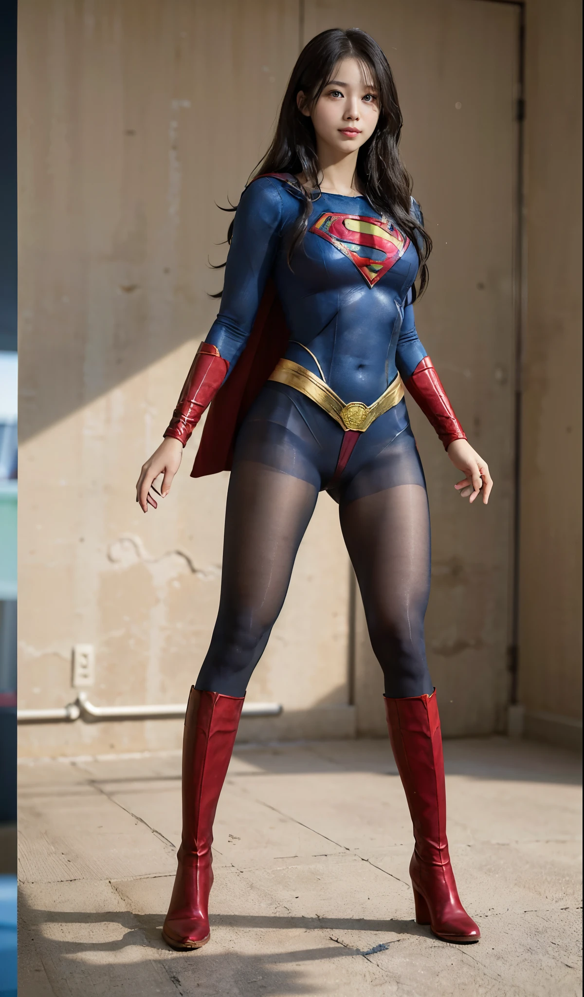 No background、(((Beautiful legs in black tights.)))、(((Legally express the beauty of your smile)))、((((Make the most of your original images)))、(((Supergirl Costume)))、(((Beautiful Hair)))、(((suffering)))、(((Please wear black tights....、Wear red boots)))、((Best image quality、8k))、((highest quality、8k、masterpiece:1.3))、(((Preserve background )))、Sharp focus:1.2、Beautiful woman with perfect figure:1.4、Slim Abs:1.2、Wet body:1.5、Highly detailed face and skin texture、8k