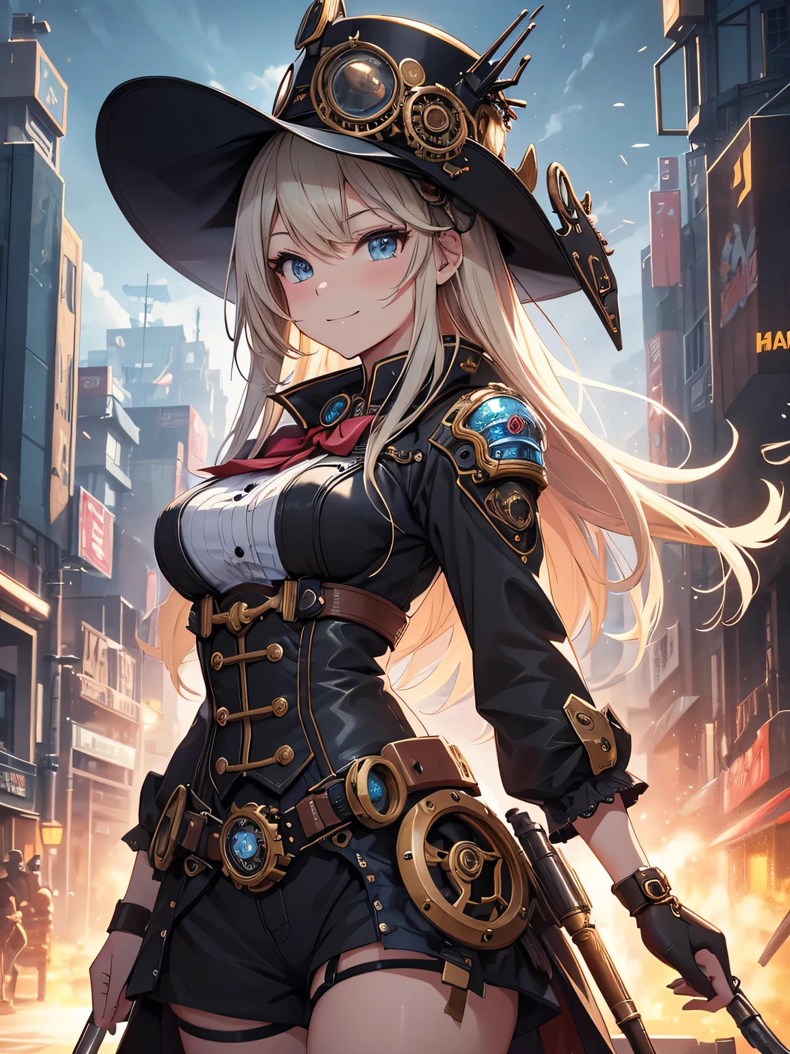 (Line art_anime),(Cowboy Shot,Low Angle, highest quality, ),(Laura Budd Photos:1.2),(Laura Add details:1.0),8k, Flat Color:0.8,1 girl,smile,(Highly decorative and complex mechanical steampunk fashion, Lace flare dolphin hat、goggleachinery background、Gear background、An elaborately mechanized steampunk cityscape 1.5),Cute pose,Dynamic Angle、