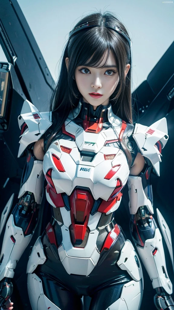 Textured skin, Super Detail, high details, High quality, Best Quality, hight resolution, 1080p, hard disk, Robot Girl,(Gundam Girl),beautiful cyborg woman,Mecha Cyborg Girl,Battle Mode,Girl with a Mecha Body,She wears a futuristic Gundam mecha,Fulll body Shot,Mobile Suit Girl