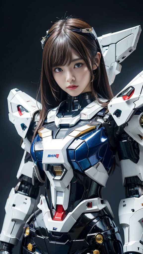 Textured skin, Super Detail, high details, High quality, Best Quality, hight resolution, 1080p, hard disk, Robot Girl,(Gundam Girl),beautiful cyborg woman,Mecha Cyborg Girl,Battle Mode,Girl with a Mecha Body,She wears a futuristic Gundam mecha,Fulll body Shot,Mobile Suit Girl