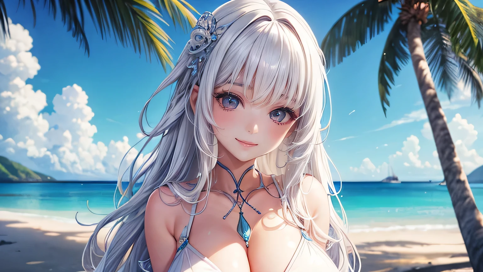 smile、Big Breasts、woman、Beautiful pale white hair、Perm Hair,Cute hairstyle,Cute Swimsuit,Ultra-high resolution, Accurate, Super detailed, Textured skin, High detail, highest quality, 8k, Detailed Hair,Detailed eyes,Focus on the face,Depict the figure from the waist up,coastal,Palm tree,