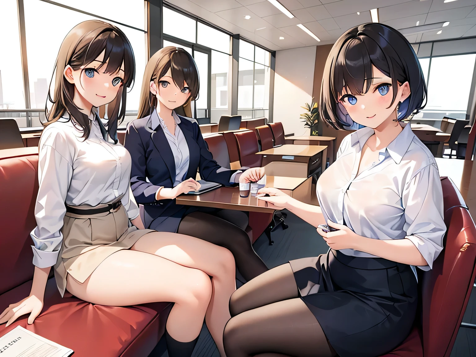 (Masterpiece, top quality, high resolution, realistic photo, realistic looking skin:1.1),
(Four women are in a break room at work, four people are sitting on a couch: 1.8), 
(We are looking at her from a front viewpoint:1.5),
(They have smiling faces:1.5),
(The seven are dressed in office casual, but all are wearing  and pumps: 1.8),
(The place is a couch in the break room of a company: 1.5),
Japanese girl, full-bodied esbian, beautiful eyes, glowing eyes, glowing thighs, NSFW