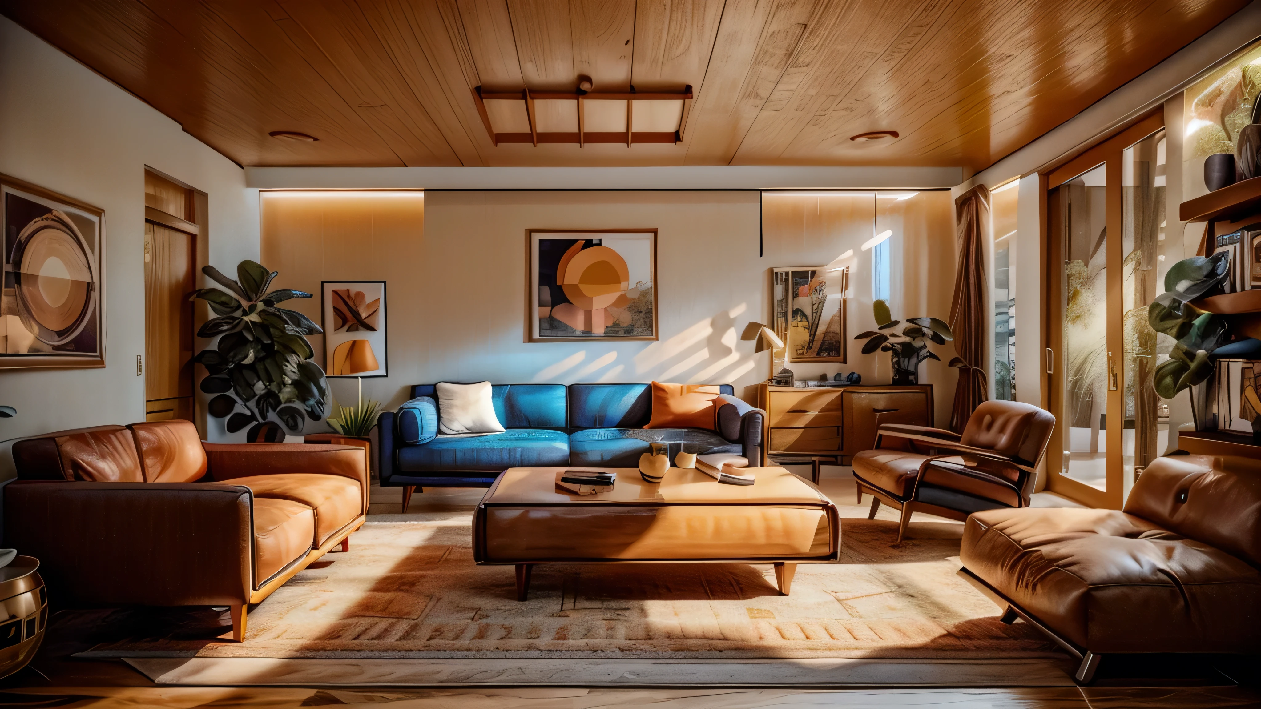 A retro-inspired living room with bold geometric patterns, orange and blue, teak furniture, and vibrant colors. Use a classic mid-century sofa, an Eames lounge chair, and a teak coffee table. Add a sideboard with clean lines, a starburst clock, and lots of natural light through large windows.