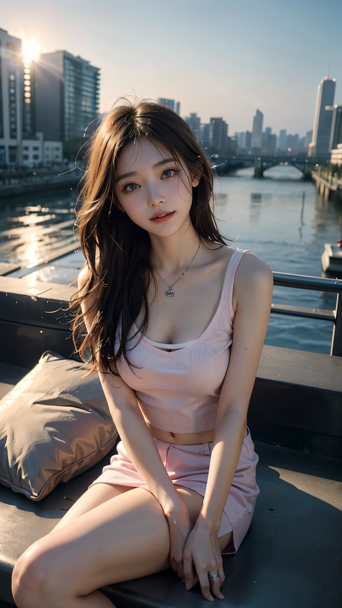 (highest quality、8k、32k、masterpiece、Hmph:1.45)、((Fisheye lens portrait)),((Sunset view))Cute Japanese Women Photos、Soft looking breasts、No bra,((High-rise building rooftop heliport))、((Passion pink short cut))、Face Focus、White T-shirt、necklace、From above、Looking at the audience、((I'm showing my teeth and smiling))、Dynamic Shadows、blonde、Wet shiny hair、Shine, Watery eye、