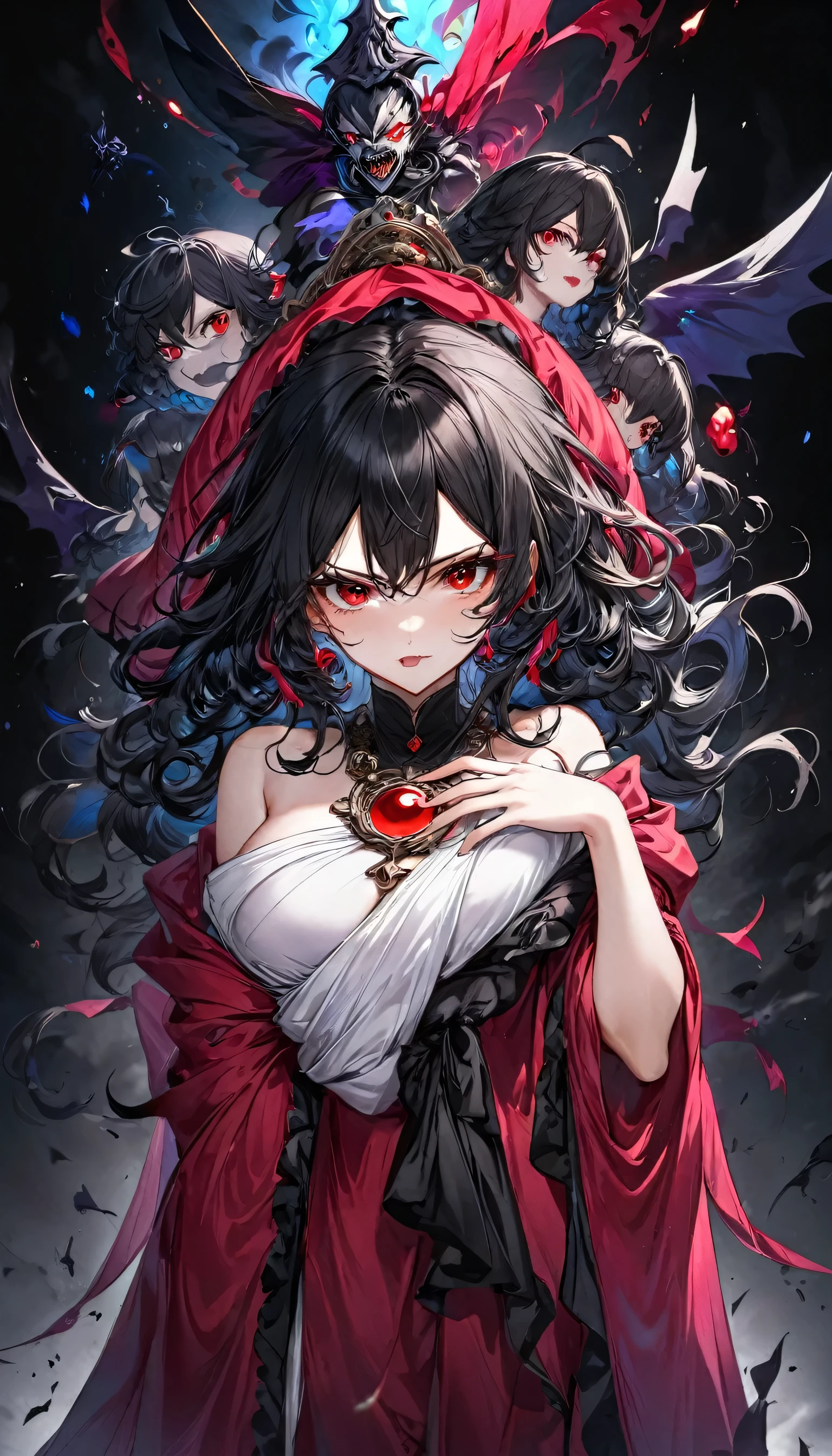 (solo curly:1.2 black hair long hair evil princess girl, angry:1.3 red eyes, angry face), (left hand put on own chest) (in a evil Goddess robe), BREAK, (float in the darkness), (master piece, best quality, 16k).
