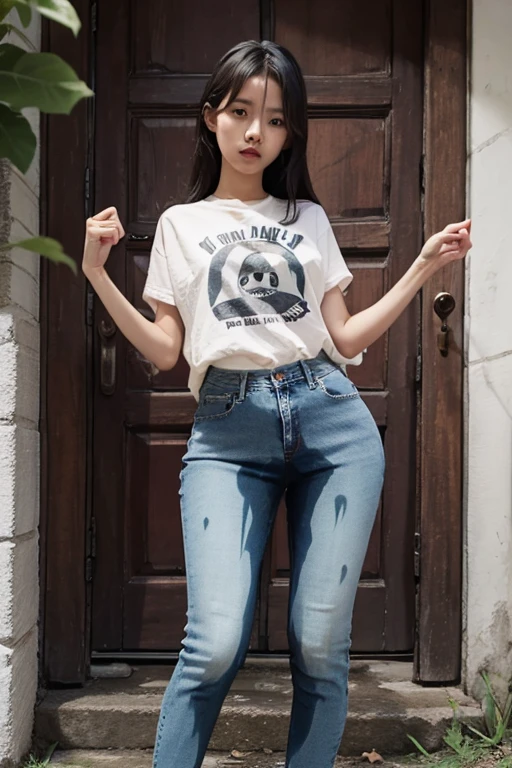 zendaya, long hair, jeans, shirt, skinny, zendaya face, upskirt, in street, have to pee, peeing self, hold pee, desperation, open mouth, swide eyes
