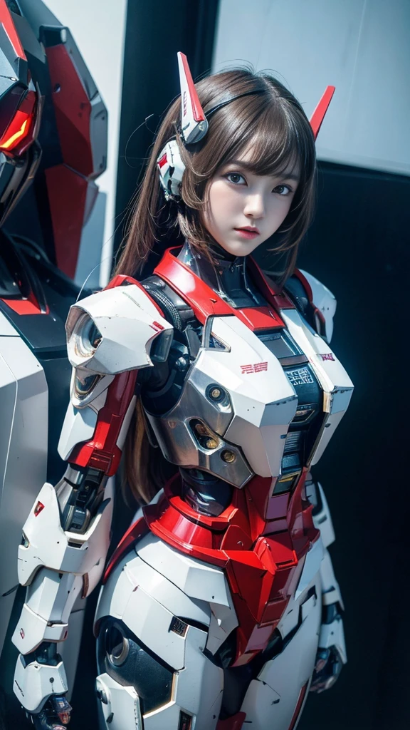 Textured skin, Super Detail, high details, High quality, Best Quality, hight resolution, 1080p, hard disk, Robot Girl,(Gundam Girl),beautiful cyborg woman,Mecha Cyborg Girl,Battle Mode,Girl with a Mecha Body,She wears a futuristic Gundam mecha,Fulll body Shot,Mobile Suit Girl