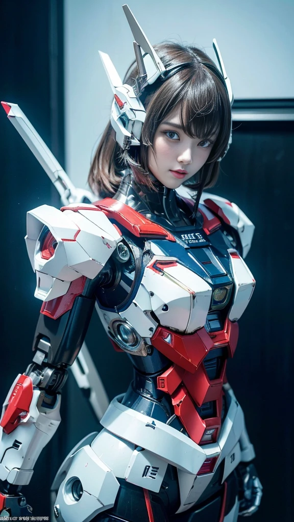 Textured skin, Super Detail, high details, High quality, Best Quality, hight resolution, 1080p, hard disk, Robot Girl,(Gundam Girl),beautiful cyborg woman,Mecha Cyborg Girl,Battle Mode,Girl with a Mecha Body,She wears a futuristic Gundam mecha,Fulll body Shot,Mobile Suit Girl