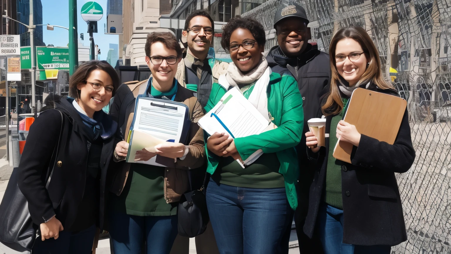 Attractive people holding clipboards and smiling while standing on a New York City sidewalk. They are happy to get signatures for Green Party candidates to be on the New York State ballot