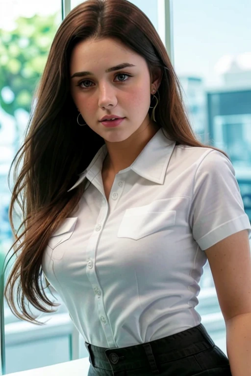 close up of a stunning young woman working at a convenience store, wearing a white button up shirt with black placket, office in the background, upper body, RAW, HD, 8K, close up, highly detailed face, cute