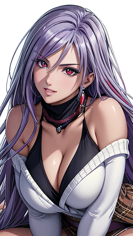 red eyes with slit pupils, (highest quality, masterpiece painting:1.3), immature woman, , (half body shot), masterpiece, ultra high resolution, (Photoreal:1.0), ((light purple hair)),straight hair, beautiful shining hair, white and shining skin, ((Ultra realistic details)), octane rendering, highly detailed face, (big breasts:0.8), (make a heart with hands), Blanket Scarf Wrap, A large, cozy blanket scarf in a plaid or checkered pattern, Wrap it around your neck or drape it over your shoulders for warmth, Style with a chunky knit sweater, skinny jeans, and knee-high riding boots for a cozy winter look,, open neckline, cleavage, perfect body, soft skin, White cherry blossom embroidery pattern, silver earrings, (pure white background:1.4), sharp focus, intricate details, professional artwork, (bright colors:1.1), bright colors, diffused lighting, digital blending, ultra-definition body, ultra detail hair, super detailed face, trending on pixiv, top button open, Cute gaze, compensate, perfect lips, perfect compensate, Ultra-precision coating, (light_smile:0.8), 