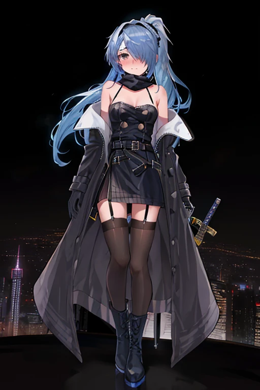 best quality, Ultra-high resolution,City, Skyscraper, Skyline, Night Sky, Neon, background, Gloves, (Bare shoulders:1.1), clavicle, (Trench coat:1.1), Bottomless, Black garter belt, White garter belt, Buttons, permanent, long hair, Ponytail, (Hair covering one eye:1.331), Headband, whole body, Gradient hair, Blue Hair, Colored undercoat, scarf, boots, (sword:1.1), (pistol:1.1), black eyes, (nose blush:1.1), (blush:1.1), (ear blush:1.1)