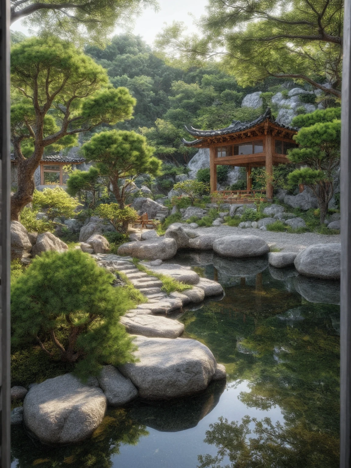 The garden and wall are planted with pine trees, pine trees, peach trees, and apricot trees. There are many types of shrubs to choose from for inclusion in Japanese garden design such as sycamore, laurel, apricot, sanh, and sapphire. Domestic plants are mainly lotus and aquatic plants such as water bamboo and betel nut. Artistic penjing trees are also integrated into rockeries and rugged rocks like cliffs, white concrete fence, A pond surrounded by a Japanese garden with shrubs, rocks, and trees and a fish tank in the garden, (architectural design visualization), (neutral natural lighting), (reflection), (focus on object), (material normal bump real reflection), (scattered light), (light ray), (multi-beam light), (sunbeam) (multi-level reflection), (chao vantage software visualization render),(((Best Quality))), ((Masterpiece)), ((best illustration)), ((best shadows)), ((Super Detail)), (Intricate lines), (Photorealism),(hyper detail), ((archdaily)), ((award winning design)), (dynamic light), spotlight, (perfect light), (shimering light), ((photorealistic)), ((intricate detail)), ((extreme detail)), ((crazy detail)), ((octane render)), ((trending on artstation)), ((High-fidelity)), ((Viwvid)), ((Crisp)), ((Bright)), ((Stunning)), ((Eye-catching)), ((High-quality)),((Sharp))((Bright)), ((Stunning)), ((Eye-catching)), ((Illuminating)), ((Flawless)), ((High-quality)),((Sharp edge render)), ((medium soft lighting)), ((photographic render)), ((detailed archviz)), ((reality environment))