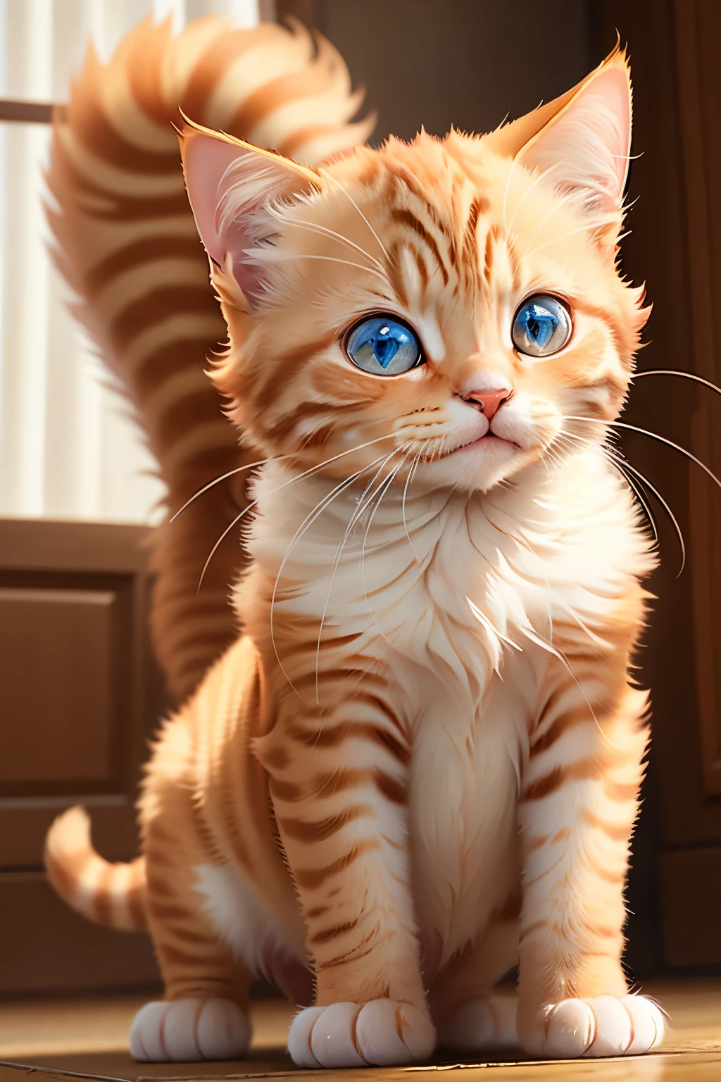 A charming ginger kitten, adorned with large, expressive eyes that seem to sparkle with mischief, finds itself animatedly bounding across a pristine, pure white background. Its head is ever so slightly tilted back, as if it's laughing at an unseen joke, embodying the whimsical charm of an unreal cartoon world.