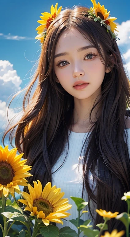 Flowers and blue sky、Autumn sky and beautiful sunflowers、Landscape photo of a vast sunflower field、(View of the sky and wilderness from below)、Girl looking up at the blue sky、Draw a big picture of the sky、Tabletop、highest quality、perfect pretty smile face, Perfect Face, Five Fingers, Two Arms,