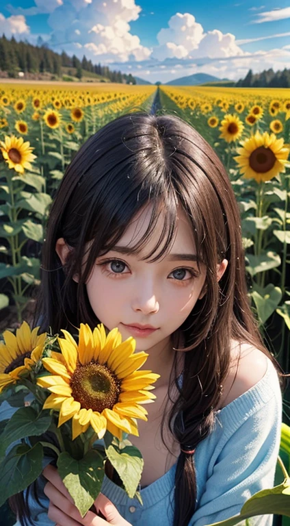   Flowers and blue sky、Autumn sky and beautiful sunflowers、Landscape photo of a vast sunflower field、（View of the sky and wilderness from below）、Girl looking up at the blue sky、Draw a big picture of the sky、Tabletop、highest quality、perfect pretty smile face, Perfect Face, Five Fingers, Two Arms,