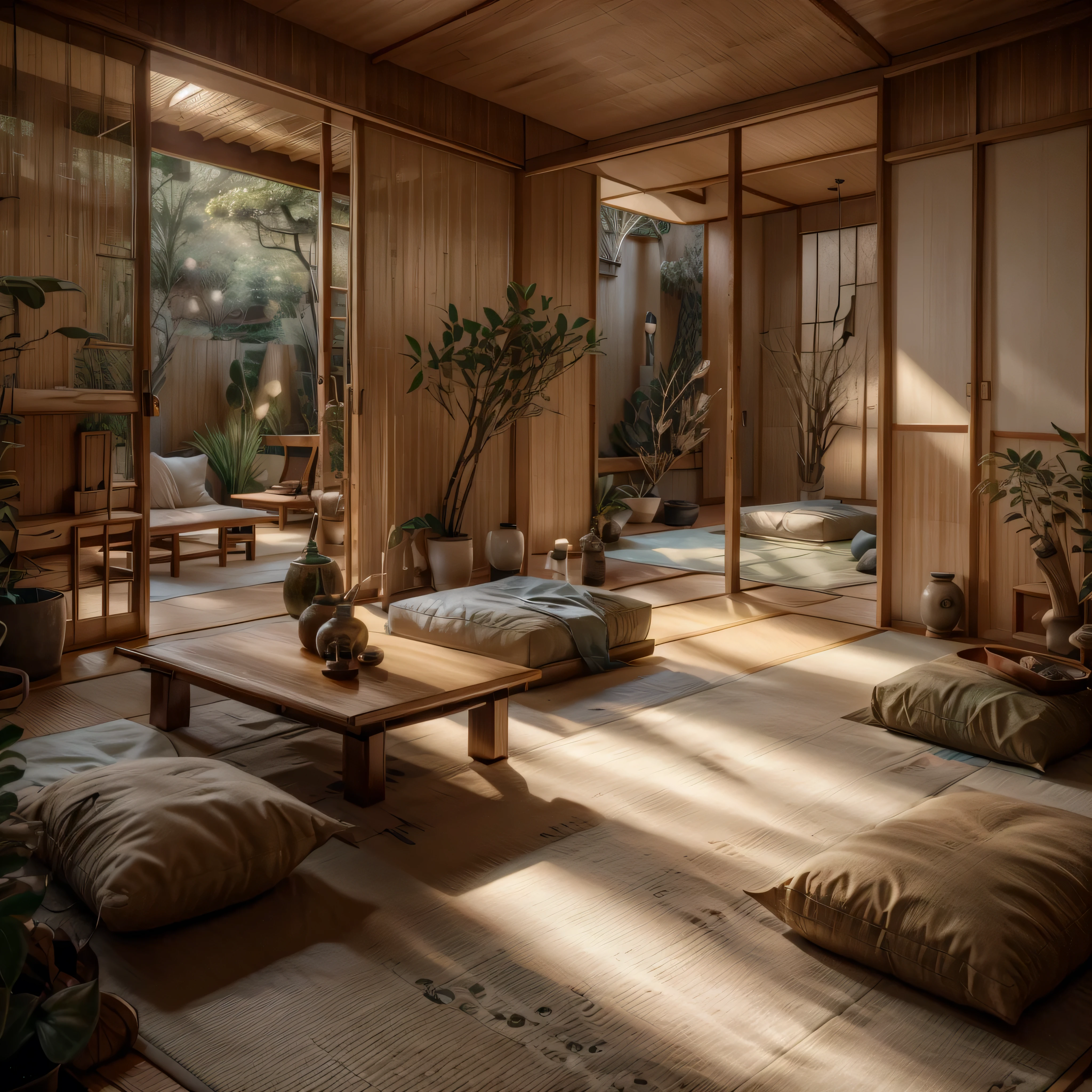 A serene room inspired by Japanese design with tatami mats, shoji screens, and minimal furnishings. Emphasize natural materials with a low wooden table, floor cushions, and a futon bed. Add a bamboo plant, a stone water feature, and a small, simple shrine for meditation.