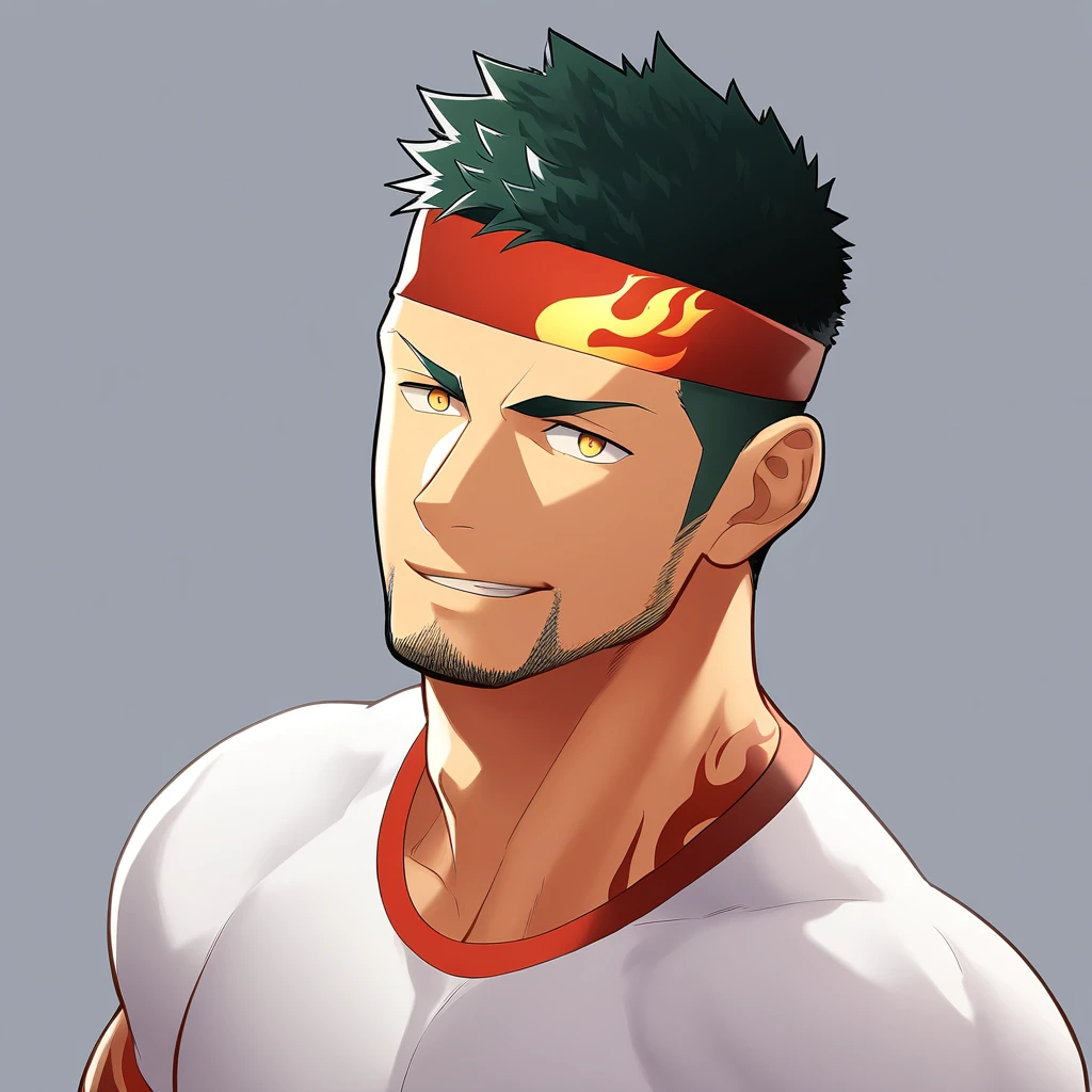 anime characters:Gyee, priapus, 1 young muscular man, male focus, Flame tattoo, sports Red headband, Creamy white spandex tight T-shirt, muscular male, muscular, only, Upper body, alone, Black short hair, Thick eyebrows, stubble, Yellow eyes, White background, simple background, amazing quality, best aesthetics, Ridiculous, bright pupils, crew cut, naughty face, torogao, parted lips, best quality