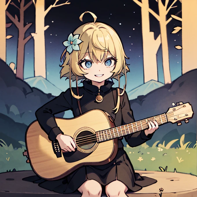 Lumen plays acoustic guitar, forest, the trees, He smiles, mountains, Sitting on a log, torch, a night, (Flower hair decoration)