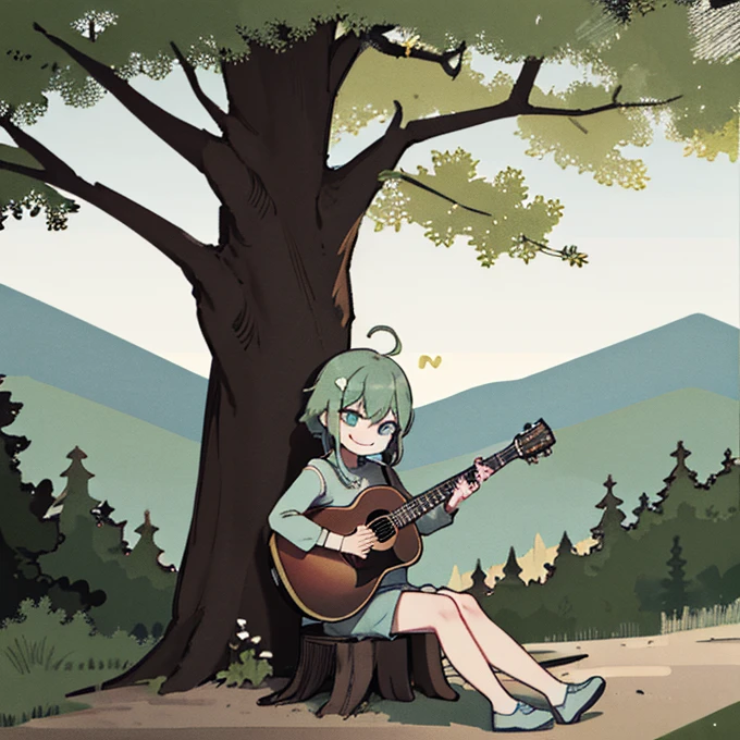 Lumen plays acoustic guitar, forest, the trees, He smiles, mountains, Sitting on a log, torch, a night, (Flower hair decoration)