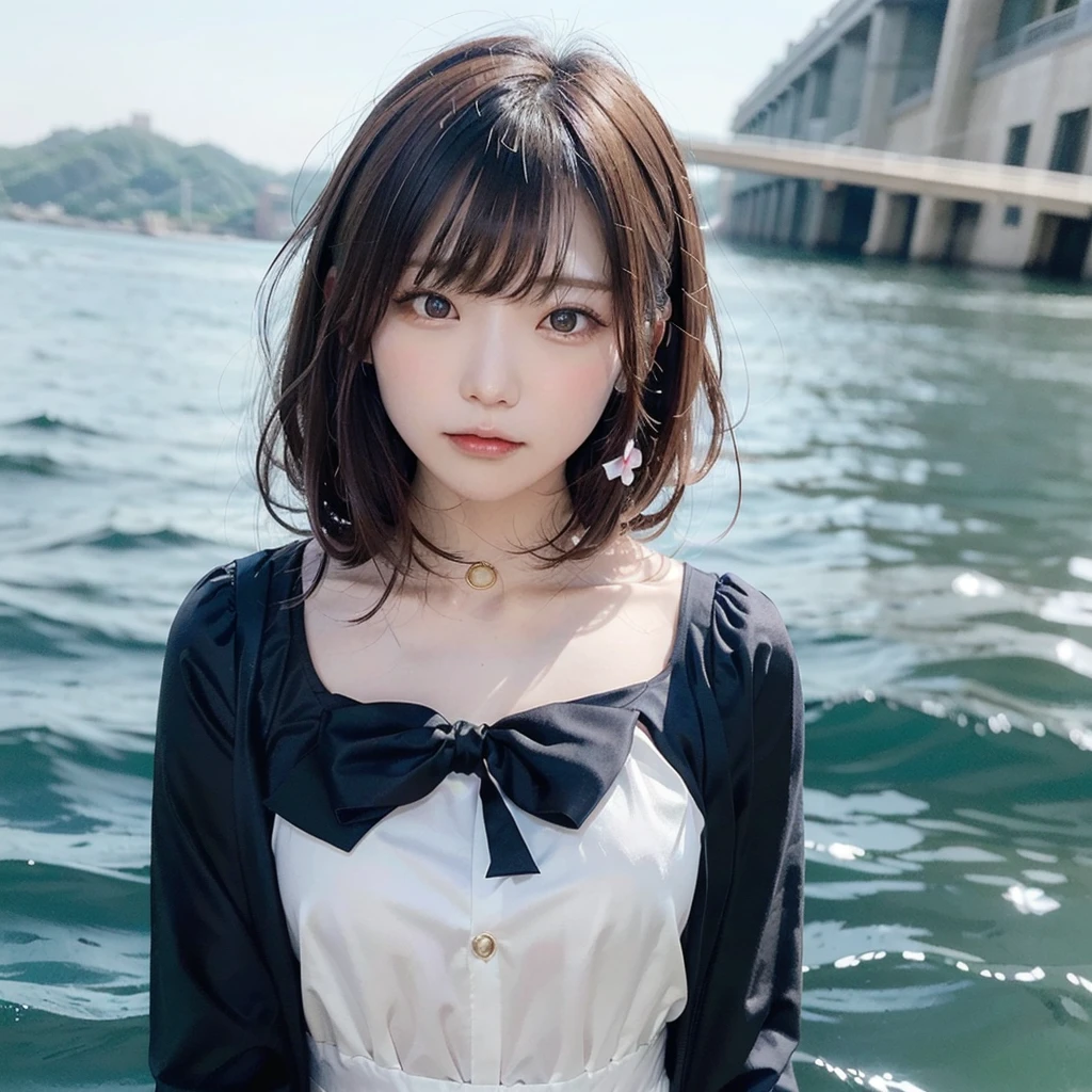 (Dynamic Angle:1.3),Extreme close up,the wind is strong,映画ofハイライト,1人of女of子,Upper Body,dancing,View your viewers, ((砂浜of海岸で, alone)), jewelry, blank eyes,brooch, 茶hair,( 長いhair:1.2),floating hairlong_sleeve, ribbon, Jacket, dress, gem, hair_ribbon,null, depth_of_Field, a close view of flying petal,