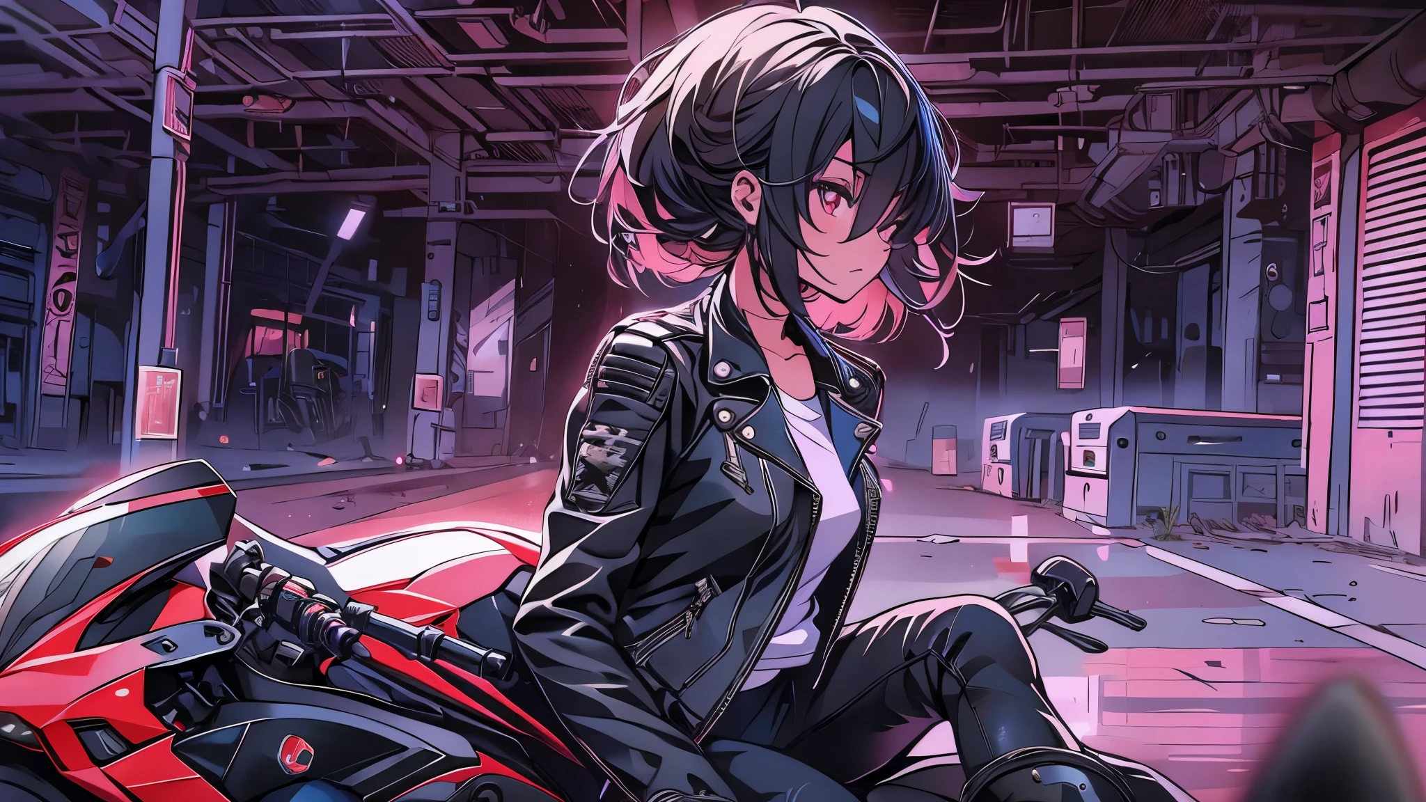 Girl on a motorcycle, Black leather jacket, White shirt, Damaged Jeans, Leather Boots, Have a helmet, motorcycle, black hair, colored inner hair, hair over shoulder, floating hair, tsurime, red eyes, parted lips, full body, anime style, depth of field, cinematic lighting, bloom, UHD, retina, masterpiece, ccurate, anatomically correct, textured skin, super detail, high details, high quality, award winning, best quality, highres, 4K