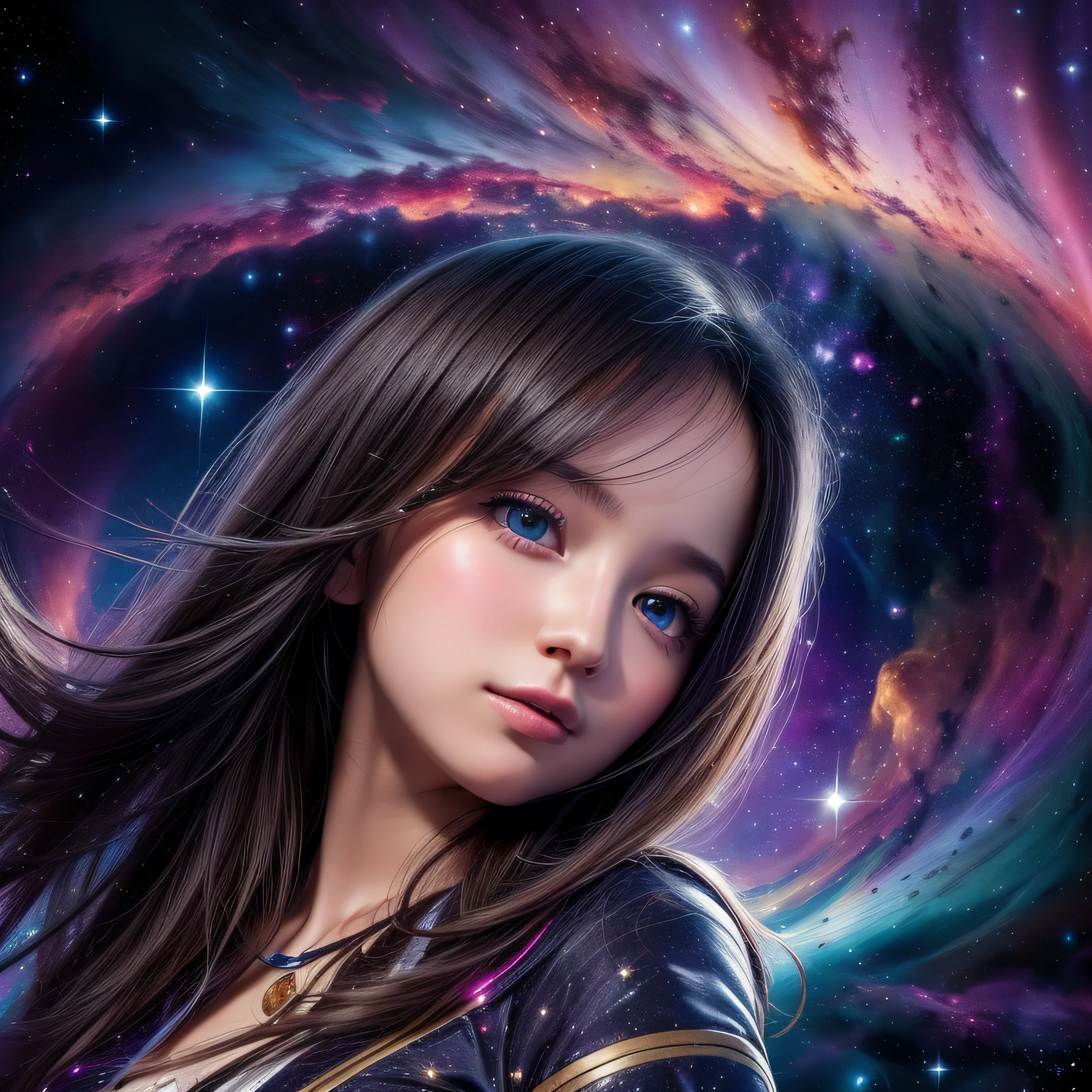 High detail, Super detailed, Ultra-high resolution, A girl having a good time in a dream galaxy, Surrounded by stars, The warm light that shines on her, The background is a starry sky with colorful galaxies and galactic clouds, The stars fly around her, Delicate face, Add a playful touch