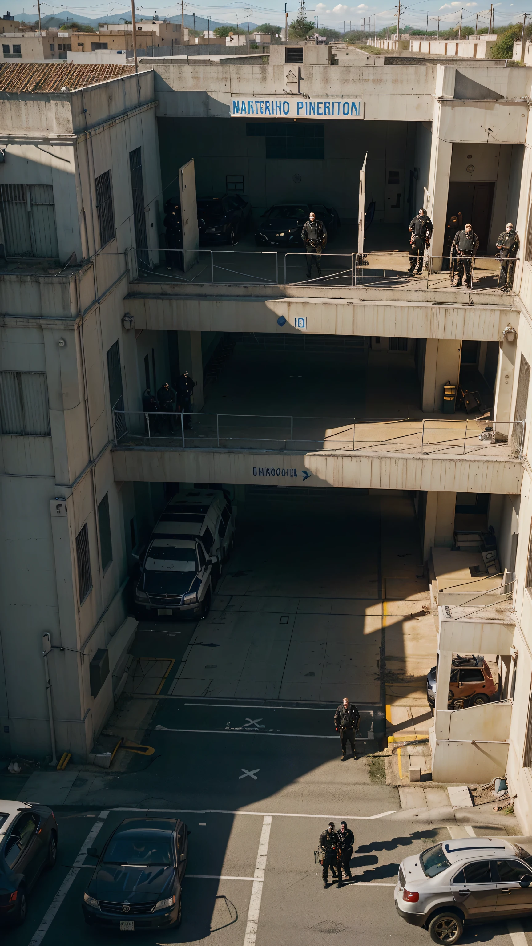 Several people are gathered outside a building with cars parked in front of them., cinematic shot, movie action scene, disparo desde arriba, disparo vfx, tiro cenital, Wide cinematographic shot, escuela secundaria, Cinematic fight in the middle of the shot, film shot by danis villeneuve, prison scene, Tiro de arriba hacia abajo, Tiro de establecimiento, escena de apertura, Promotional still wide-angle