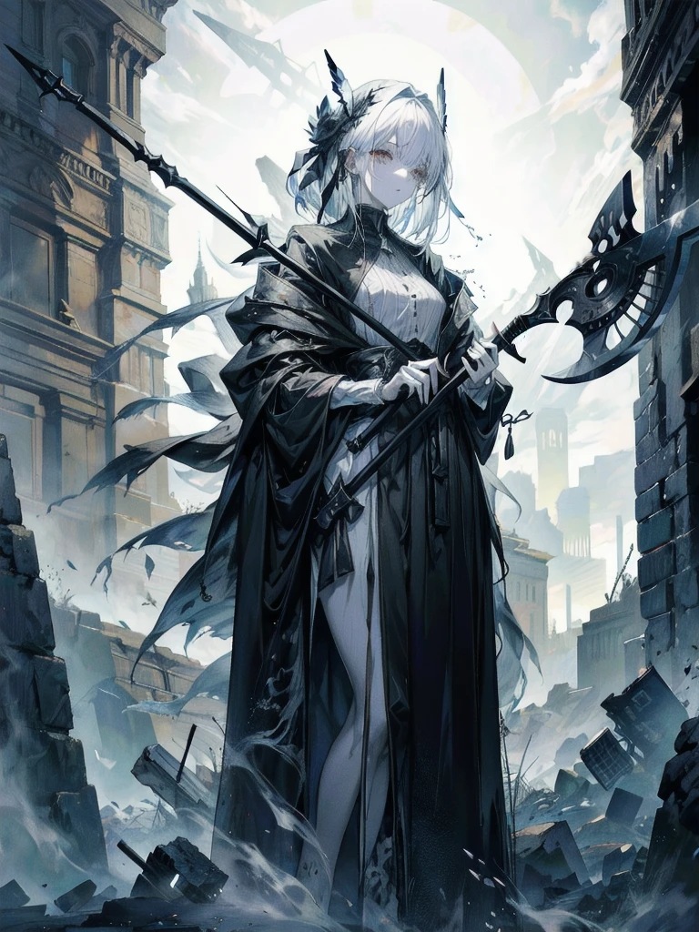(ruined city), grim reaper, black scythe, robe, whole body shot, absurdres, RAW photo, extremely delicate and beautiful, masterpiece, Best Quality, ultra high resolution, 32k, hyperrealistic, ultra-detailed, perfect figure, detailed description, pale skin, 20 years old, detailed beautiful face and eyes, tearful mole, earring, short medium hair, wavy hair, 