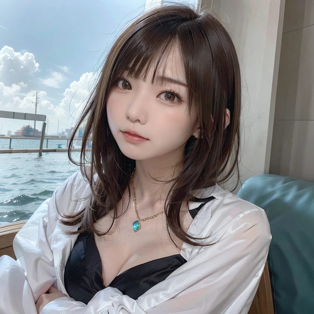 (Dynamic Angle:1.3),Extreme close up,the wind is strong,映画ofハイライト,1人of女of子,Upper Body,dancing,View your viewers, ((砂浜of海岸で, alone)), jewelry, blank eyes,brooch, 茶hair,( 長いhair:1.2),floating hairlong_sleeve, ribbon, Jacket, dress, gem, hair_ribbon,null, depth_of_Field, a close view of flying petal,