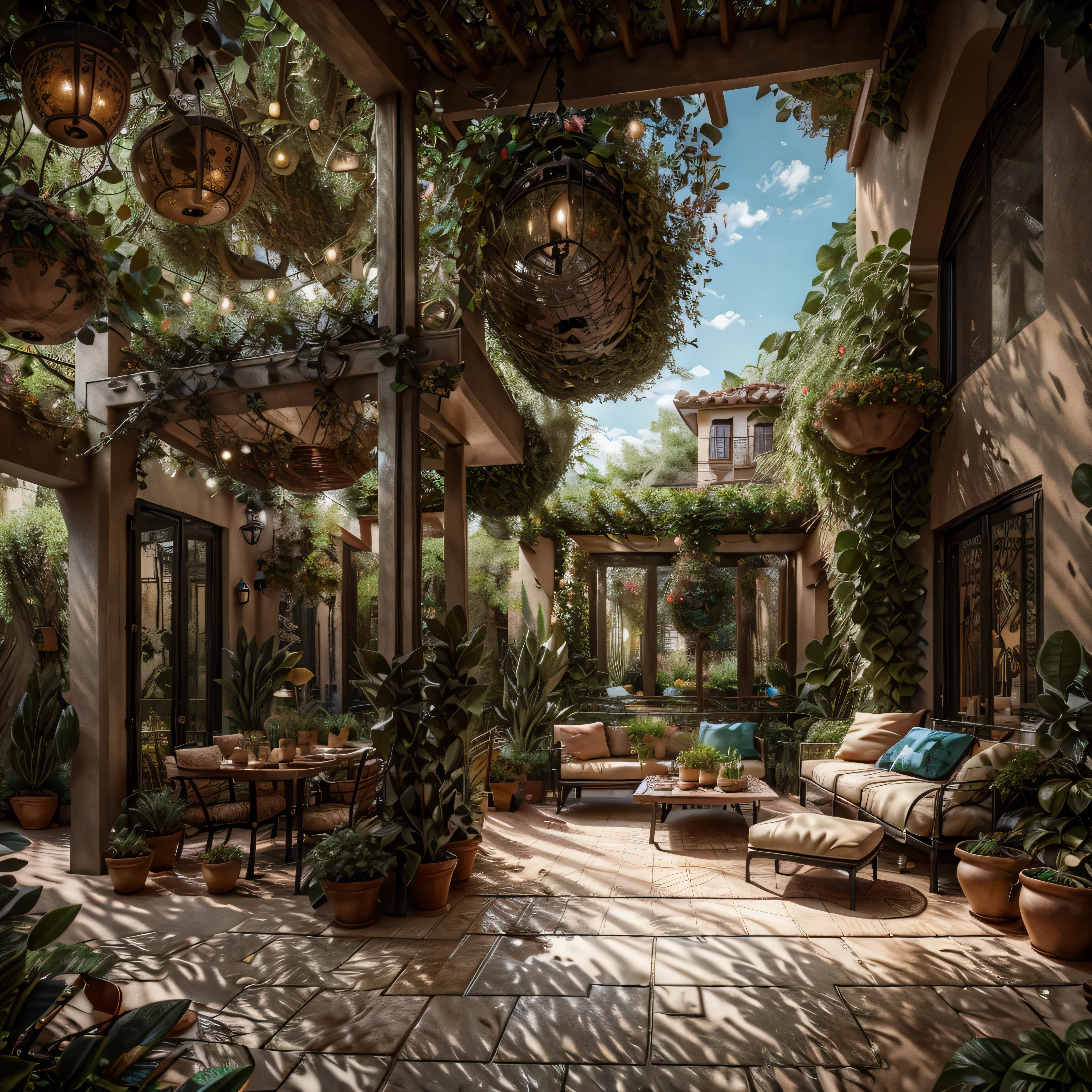 An outdoor patio with terracotta tiles, wrought iron furniture, and lush greenery. Use a wrought iron dining set with a mosaic-topped table, comfortable lounge chairs with colorful cushions, and a pergola covered in climbing vines. Add potted plants, lanterns, and a water fountain.