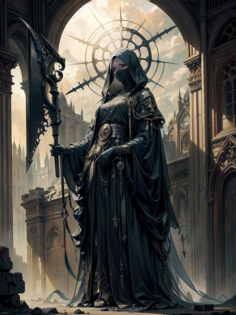 (ruined city), grim reaper, black scythe, robe, whole body shot,  a massive tower, ancient architecture, imposing structure, dramatic clouds, epic scale, mystical atmosphere, golden light, glowing windows, intricate details, dramatic shadows, moody sky, sweeping vista, beautiful architecture, complex design, fantasy landscape, cinematic lighting, fantastical elements, hyper-realistic rendering, stunning details, highly detailed, photorealistic, masterpiece, 8k, best quality, absurdres, RAW photo, extremely delicate and beautiful, masterpiece, Best Quality, ultra high resolution, 32k, hyperrealistic, ultra-detailed, perfect figure, detailed description, pale skin, 20 years old, detailed beautiful face and eyes, tearful mole, earring, short medium hair, wavy hair, 