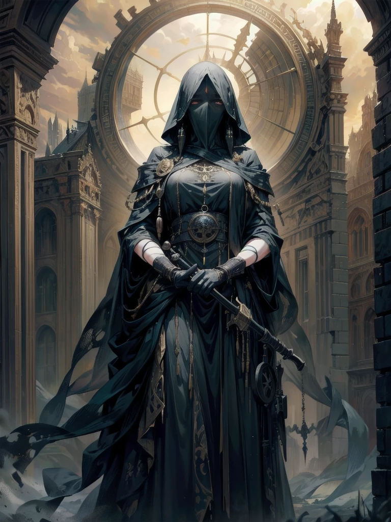 (ruined city), grim reaper, black scythe, robe, whole body shot, a massive tower, ancient architecture, imposing structure, dramatic clouds, epic scale, mystical atmosphere, golden light, glowing windows, intricate details, dramatic shadows, moody sky, sweeping vista, beautiful architecture, complex design, fantasy landscape, cinematic lighting, fantastical elements, hyper-realistic rendering, stunning details, highly detailed, photorealistic, masterpiece, 8k, best quality, absurdres, RAW photo, extremely delicate and beautiful, masterpiece, Best Quality, ultra high resolution, 32k, hyperrealistic, ultra-detailed, perfect figure, detailed description, pale skin, 20 years old, detailed beautiful face and eyes, tearful mole, earring, short medium hair, wavy hair,
