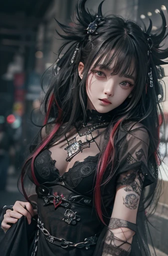 highest quality、8k、masterpiece:1.3、Gothic Punk、The inside color is red、Gray Black Hair、hair ornaments、Beautiful girl、creative、Dark Fantasy Style、Neogoth、Goth Fashion:1.2、High resolution、masterpiece、highest quality、頭w:1.3、((Hasselblad Photos))、Fine skin、Sharp focus、(Cinematic lighting)、Realistic textured hair
