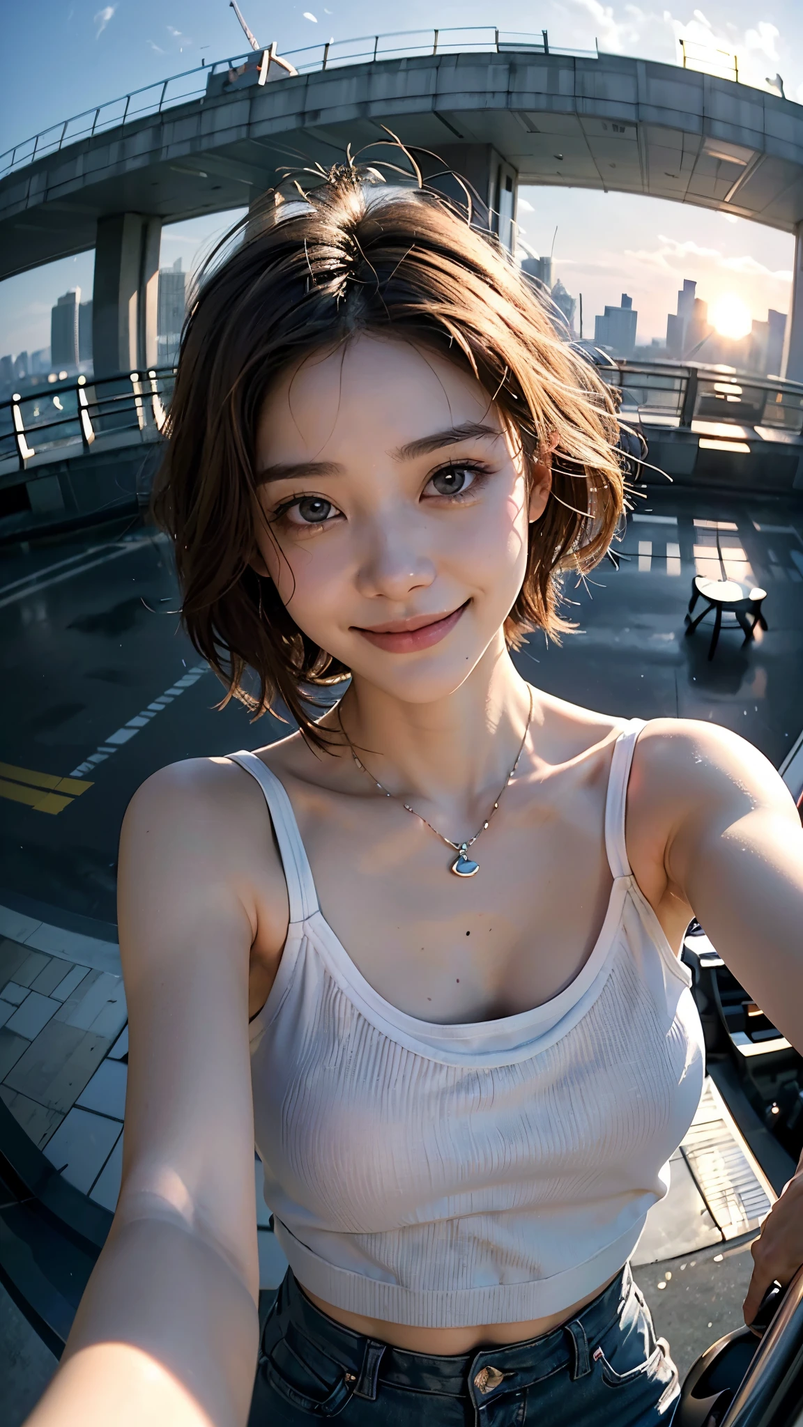 (highest quality、8k、32k、masterpiece,)、((Selfie fisheye lens portrait:1.5)),((Sunset view))Cute Japanese Women Photos、Soft looking breasts、((Hair blowing in the wind)),No bra,((High-rise building rooftop heliport))、((Passion pink short cut))、Face Focus、White T-shirt、necklace、From above、Looking at the audience、((I'm showing my teeth and smiling))、Dynamic Shadows、blonde、Wet shiny hair、Shine, Watery eye、