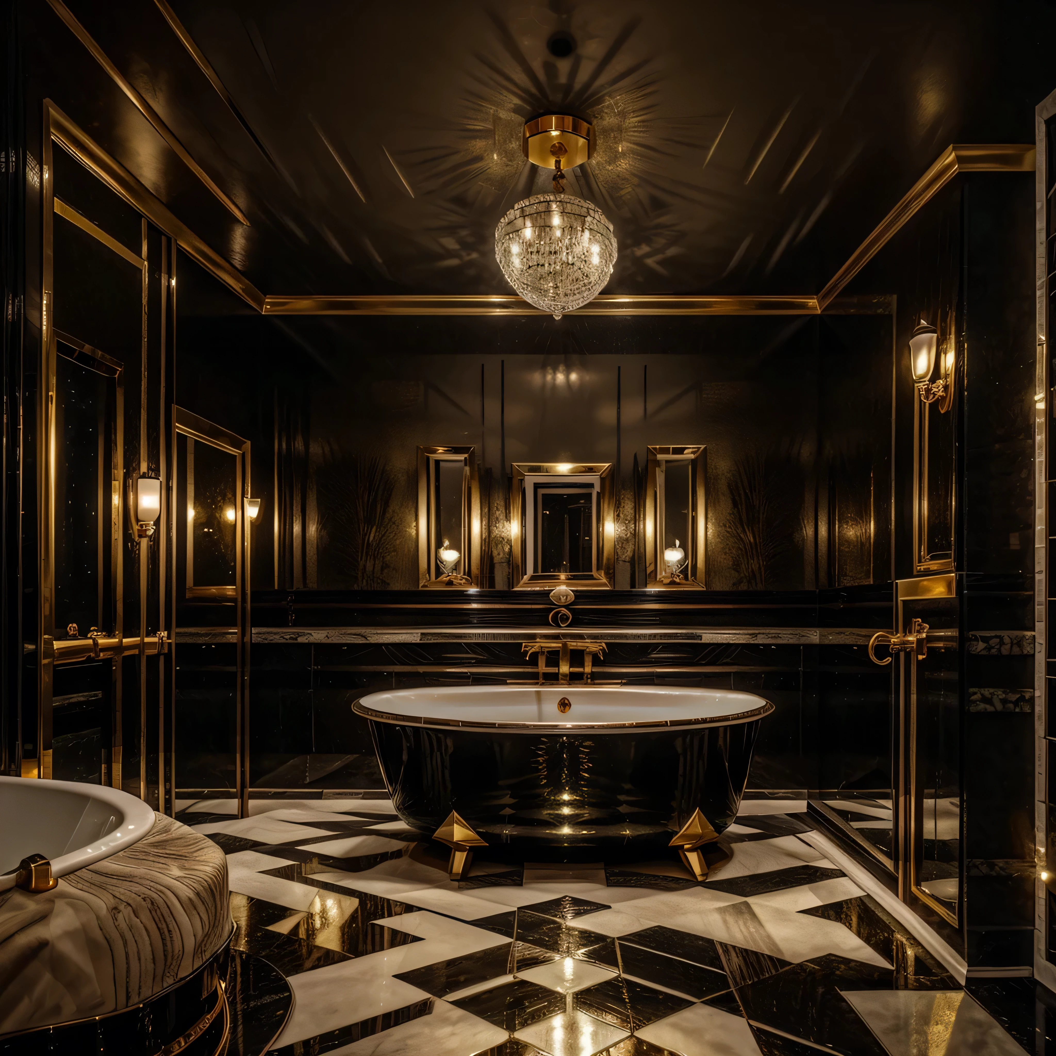 A glamorous bathroom with black and gold accents, geometric patterns, and luxurious fixtures. Incorporate a freestanding bathtub, a black vanity with gold hardware, and an art deco mirror. Use black and white floor tiles in a geometric pattern, and add vintage lighting fixtures and a plush rug.

