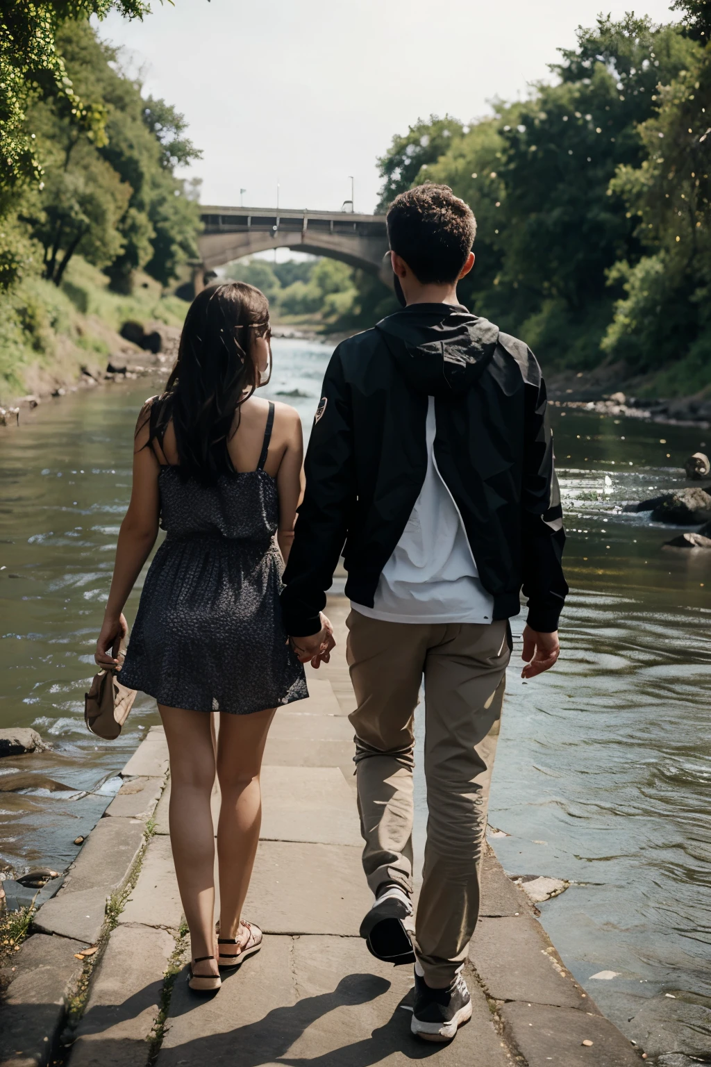 Boy and girl walking holding hands near a river