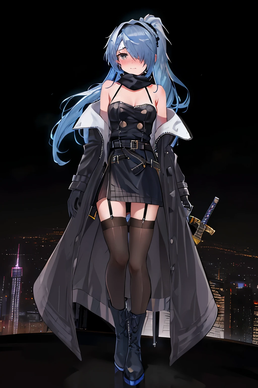 best quality, Ultra-high resolution，City, Skyscraper, Skyline, Night Sky, Neon, background, Gloves, (Bare shoulders:1.1), clavicle, (Trench coat:1.1), Bottomless, Black garter belt, White garter belt, Buttons, permanent, long hair, Ponytail, (Hair covering one eye:1.331), Headband, whole body, Gradient hair, Blue Hair, Colored undercoat, scarf, boots, (sword:1.1), (pistol:1.1), black eyes, (nose blush:1.1), (blush:1.1), (ear blush:1.1)