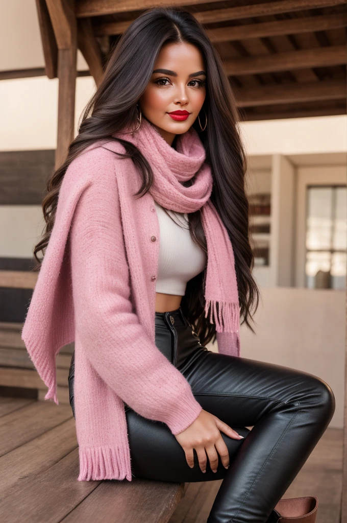 Photorealistic, best quality, hyper detailed, full-body picture. A Gorgeous, pretty, warm-hearted, kind-hearted, good-hearted, stunning, cheerful, sweet, polite, sensitive, sensible, shiny, charming, alluring, dreamy, graceful, classy, stylish, flowing quite long dark haired peruvian woman, a beautiful brunette woman from Perú with the cutest face, skin, soft make-up, red lipstick, she is wearing a leather jacket, skinny trousers, riding boots, and a pink scarf.
