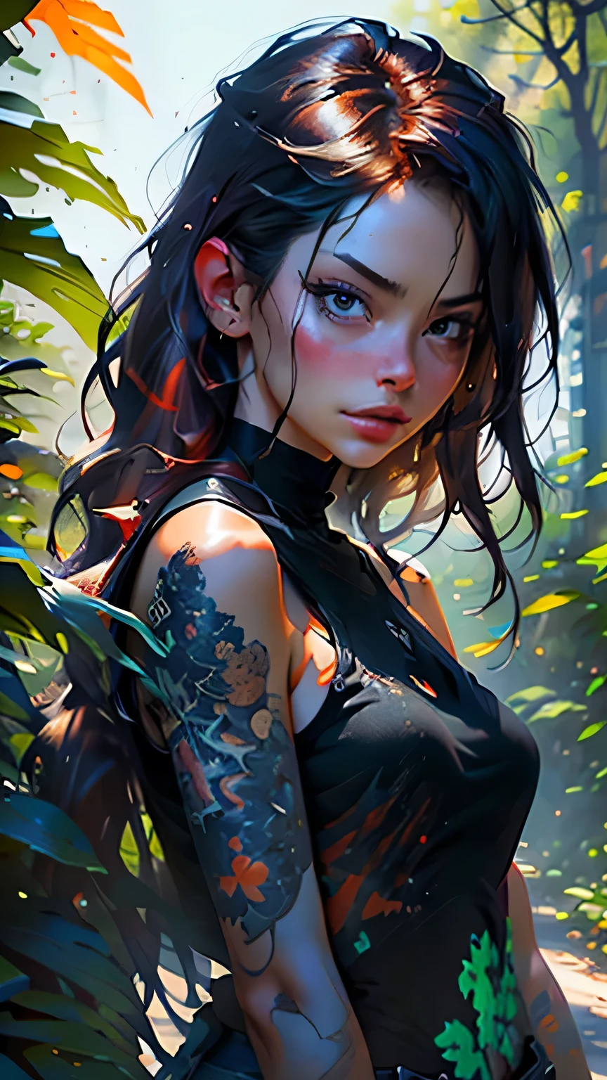 close, Beautiful woman in samdoesarts style, In a park full of orange leaves , Jeremy Mann, By Sandra Chevrier, Dave McCain、Richard Avedon、Maciej Kuciara, White tank top and jeans, Detailed, 8k, masterpiece, 最high quality, high quality, High resolution, (In a park full of orange leaves), (Upper body portrait)、