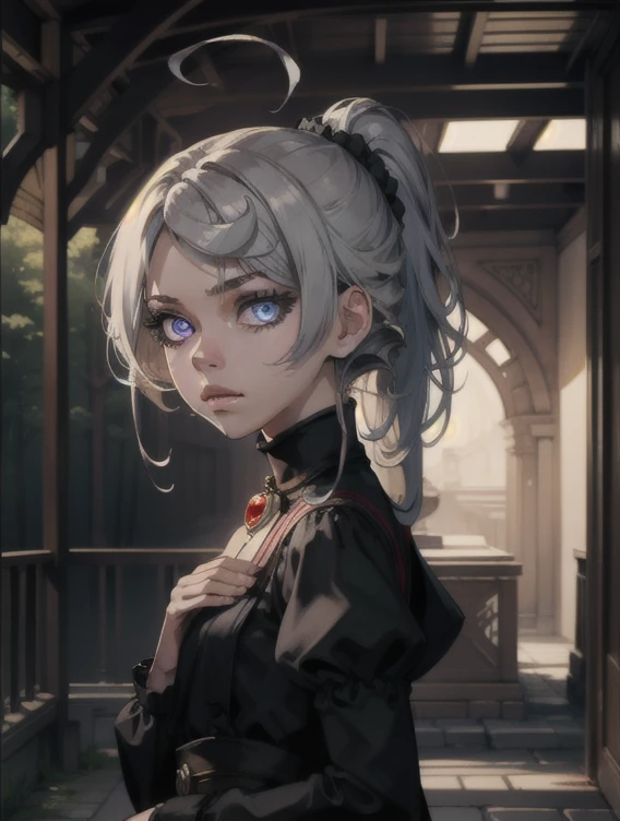 meimei, mei mei, hair ornament, (purple eyes:1.1), ponytail, scrunchie, hair scrunchie, (parted bangs:1.5), sidelocks, white hair,
BREAK long sleeves, dress, puffy sleeves, black dress, juliet sleeves, turtleneck dress,
BREAK looking at viewer, upper body, full body,
BREAK outdoors, shrine,
BREAK (masterpiece:1.2), best quality, high resolution, unity 8k wallpaper, (illustration:0.8), (beautiful detailed eyes:1.6), extremely detailed face, perfect lighting, extremely detailed CG, (perfect hands, perfect anatomy),