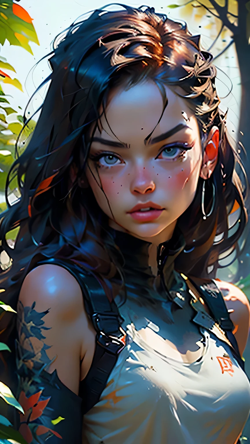 close, Beautiful woman in samdoesarts style, In a park full of orange leaves , Jeremy Mann, By Sandra Chevrier, Dave McCain、Richard Avedon、Maciej Kuciara, White tank top and jeans, Detailed, 8k, masterpiece, 最high quality, high quality, High resolution, (In a park full of orange leaves), (Upper body portrait)、