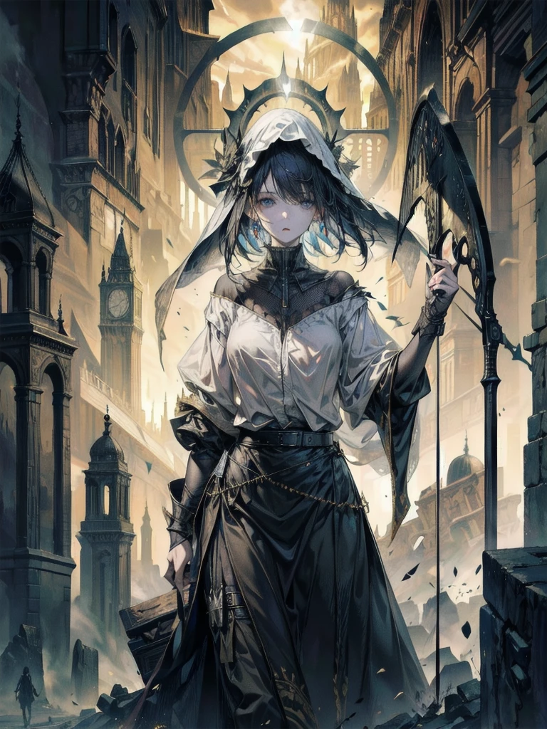 (ruined city), grim reaper, black scythe, robe, whole body shot,  a massive tower, ancient architecture, imposing structure, dramatic clouds, epic scale, mystical atmosphere, golden light, glowing windows, intricate details, dramatic shadows, moody sky, sweeping vista, beautiful architecture, complex design, fantasy landscape, cinematic lighting, fantastical elements, hyper-realistic rendering, stunning details, highly detailed, photorealistic, masterpiece, 8k, best quality, absurdres, RAW photo, extremely delicate and beautiful, masterpiece, Best Quality, ultra high resolution, 32k, hyperrealistic, ultra-detailed, perfect figure, detailed description, pale skin, 20 years old, detailed beautiful face and eyes, tearful mole, earring, short medium hair, wavy hair, 