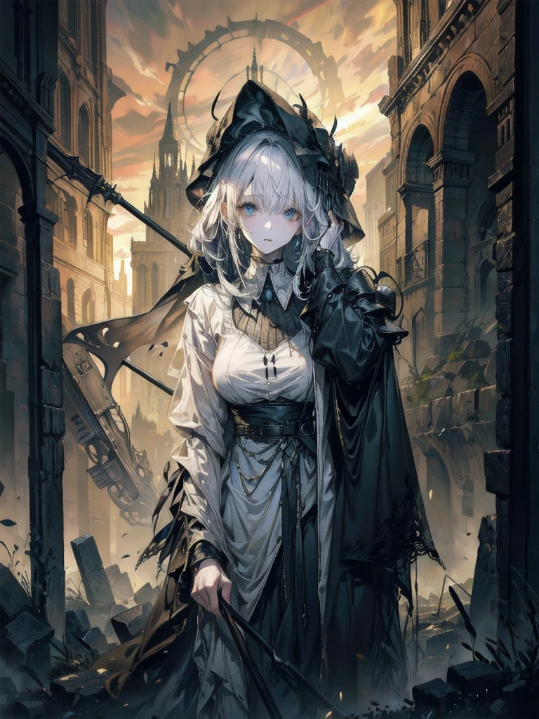 (ruined city), grim reaper, black scythe, robe, whole body shot,  a massive tower, ancient architecture, imposing structure, dramatic clouds, epic scale, mystical atmosphere, golden light, glowing windows, intricate details, dramatic shadows, moody sky, sweeping vista, beautiful architecture, complex design, fantasy landscape, cinematic lighting, fantastical elements, hyper-realistic rendering, stunning details, highly detailed, photorealistic, masterpiece, 8k, best quality, absurdres, RAW photo, extremely delicate and beautiful, masterpiece, Best Quality, ultra high resolution, 32k, hyperrealistic, ultra-detailed, perfect figure, detailed description, pale skin, 20 years old, detailed beautiful face and eyes, tearful mole, earring, short medium hair, wavy hair, 