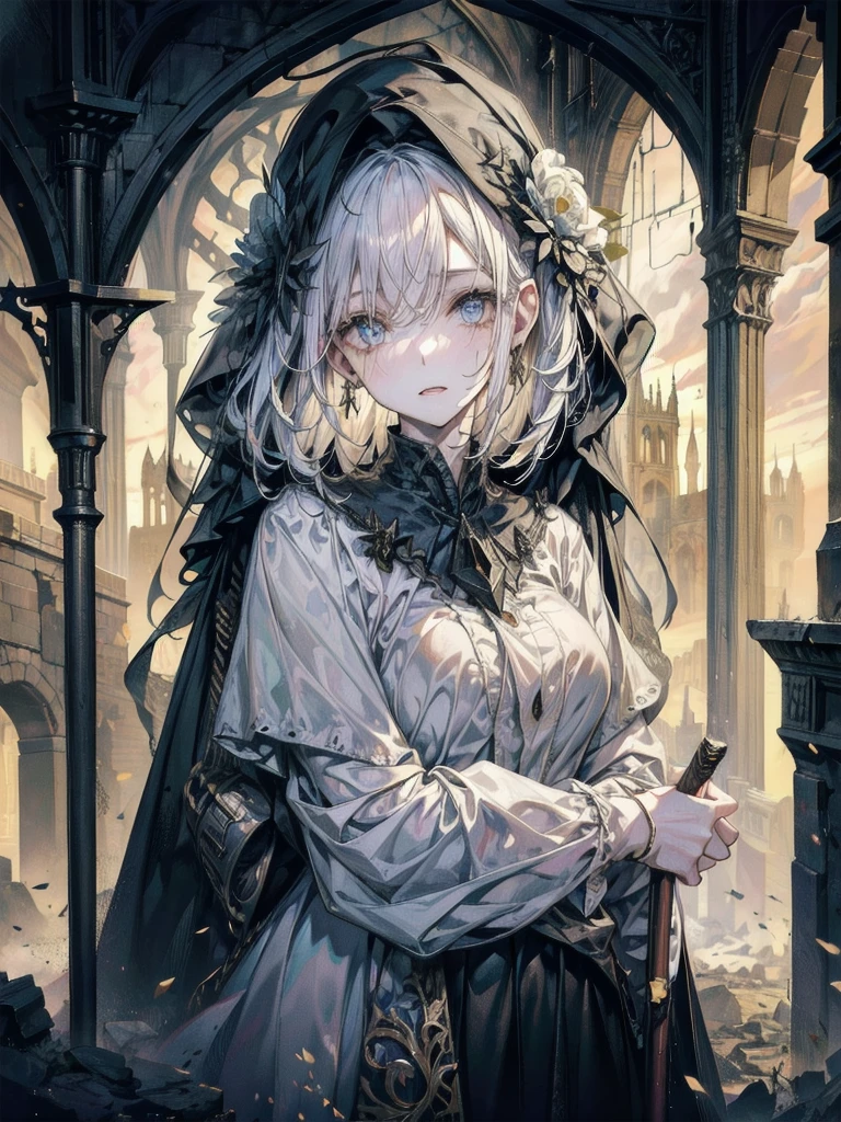 (ruined city), grim reaper, black scythe, robe, whole body shot, a massive tower, ancient architecture, imposing structure, dramatic clouds, epic scale, mystical atmosphere, golden light, glowing windows, intricate details, dramatic shadows, moody sky, sweeping vista, beautiful architecture, complex design, fantasy landscape, cinematic lighting, fantastical elements, hyper-realistic rendering, stunning details, highly detailed, photorealistic, masterpiece, 8k, best quality, absurdres, RAW photo, extremely delicate and beautiful, masterpiece, Best Quality, ultra high resolution, 32k, hyperrealistic, ultra-detailed, perfect figure, detailed description, pale skin, 20 years old, detailed beautiful face and eyes, tearful mole, earring, short medium hair, wavy hair,