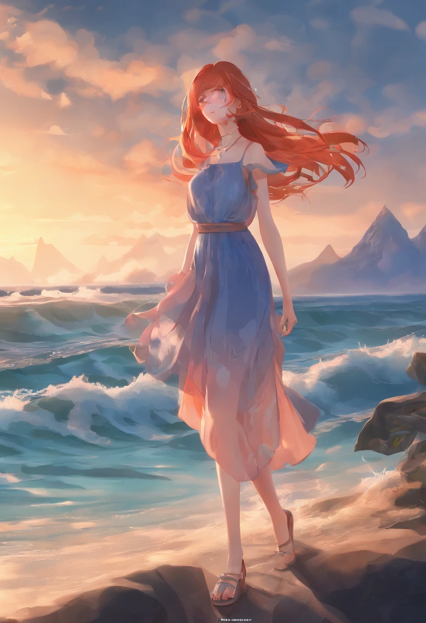(masterpiece, best quality), ((1girl, solo, long hair)), Ishmael_limbus, innocence expression, bare arms, bare shoulders, bare neck, watercolor, sundress, liquid clothes, water, waves, water dress, blue_theme, night, mist, dark, sharp focus, sea, see-through dress, orange hair