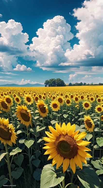 Flowers and summer blue sky、Cumulonimbus clouds are visible in the background、A girl painting a landscape of a vast sunflower field、Girl looking up at the blue sky、Draw a large picture of the sky and sunflowers、highest quality、8k