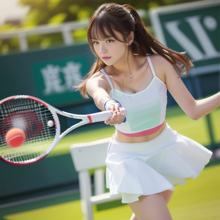 Photo-realistic quality、White tennis wearーを着てテニスボールを打つ20Japan Idol of the Year Old, a girl Playing tennis, White tennis wear, White skort、Playing tennis, Japanese Model, West Shot, The moment the yellow ball is hit、Detailed and beautiful eyes、A soft and gentle look